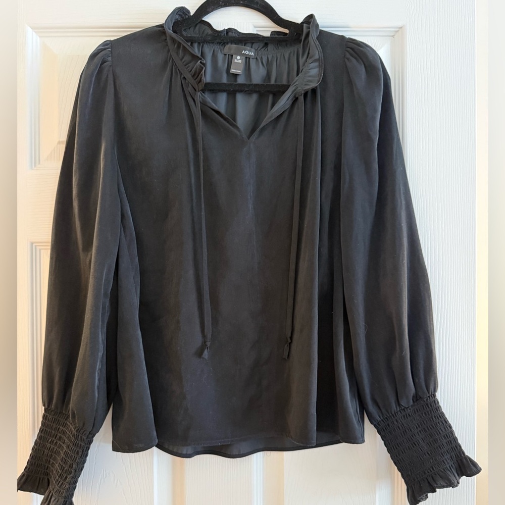 Aqua Black Blouse with Smocked Sleeves